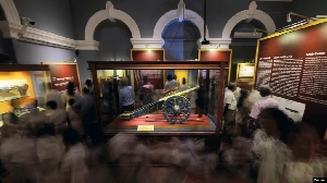 People view colonial-era artifacts that have been returned from the Netherlands, at the main Museum in Colombo, Sri Lanka, Dec. 5, 2023