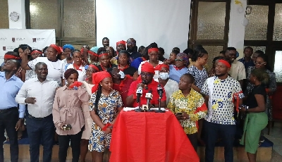 Aggrieved staff at a press conference in Accra