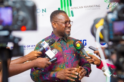 Abeiku Santana addressing the press at the launch in Accra