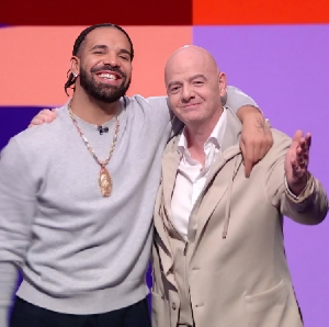 A screenshot from a video on the Instagram timeline of FIFA President Gianni Infantino (R) showing him in the company of rap icon Drake (L)