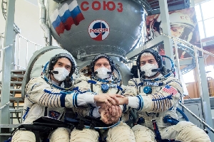 Andrey Shelepin/GCTC/Roscosmos/Reuters (L-R): Russian cosmonauts Pyotr Dubrov and Oleg Novitskiy, and NASA astronaut Mark Vande Hei during a training session last year in Star City, Russia, ahead of their trip to the International Space Station