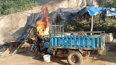 Makeshift structures set ablaze during the operation