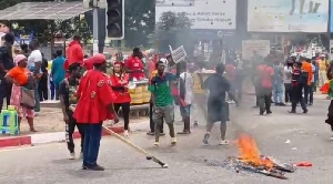 A scene from a Democracy Hub protest in Accra